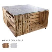 Couchtisch mit Schublade, inklusive Glasplatte und Rollen | 81x81x44 cm